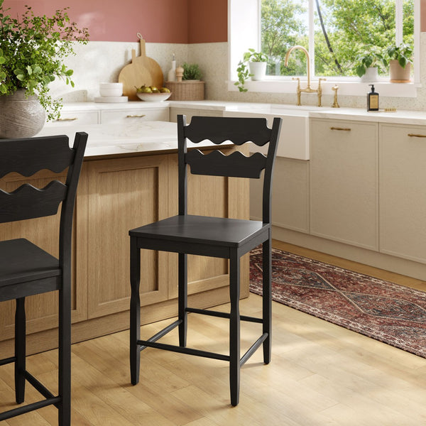 Modway Furniture Jax Solid Oak Counter Stool Sculpted Wavy Back Cafe Style for Kitchen Islands Black EEI-7505-BLK