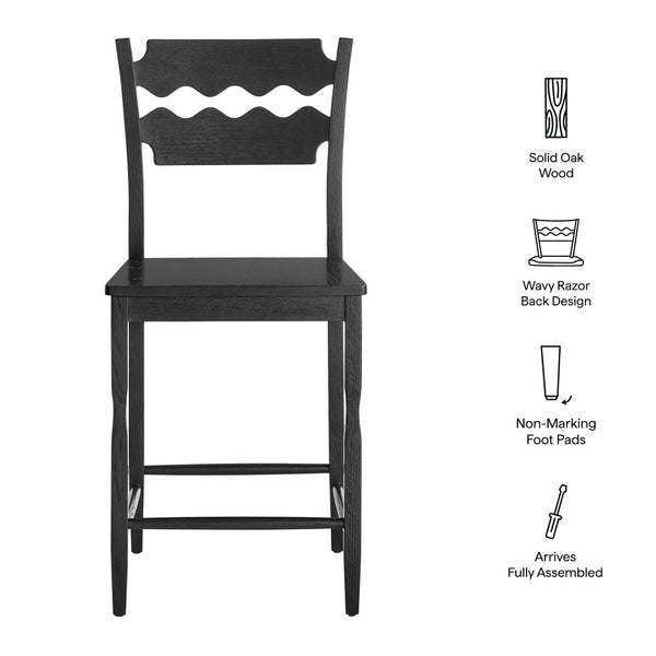 Modway Furniture Jax Solid Oak Counter Stool Sculpted Wavy Back Cafe Style for Kitchen Islands Black EEI-7505-BLK