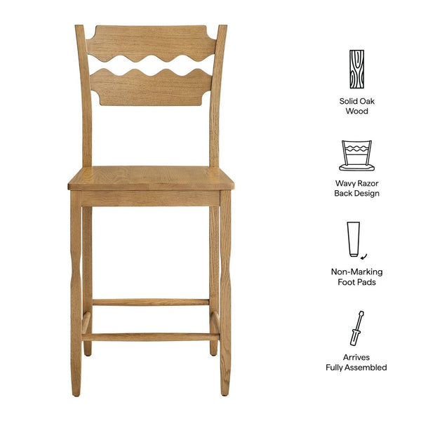 Modway Furniture Jax Solid Oak Counter Stool Sculpted Wavy Back Cafe Style for Kitchen Islands Weathered Oak EEI-7505-WOA