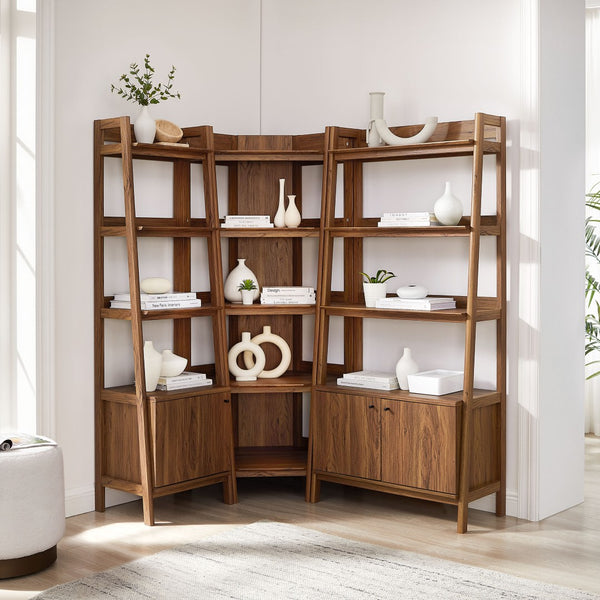 Modway Furniture Bixby 3-Piece Corner Bookshelf Set - Stylish Storage Solution with Modern Design for Any Room Walnut EEI-7511-WAL
