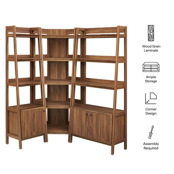 Modway Furniture Bixby 3-Piece Corner Bookshelf Set - Stylish Storage Solution with Modern Design for Any Room Walnut EEI-7511-WAL