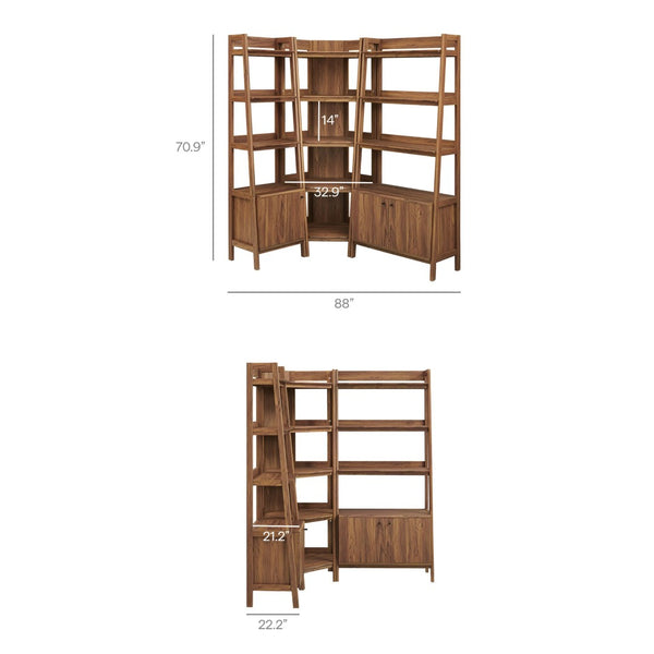 Modway Furniture Bixby 3-Piece Corner Bookshelf Set - Stylish Storage Solution with Modern Design for Any Room Walnut EEI-7511-WAL
