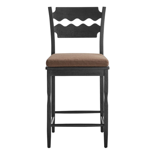 Modway Furniture Jax Solid Oak Counter Stool Sculptural Wavy Back Cushioned Seat Kitchen Island Black Cocoa EEI-7518-BLK-COA