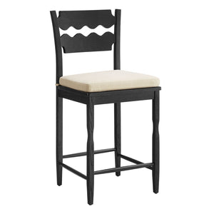 Modway Furniture Jax Solid Oak Counter Stool Sculptural Wavy Back Cushioned Seat Kitchen Island Black Linen EEI-7518-BLK-LIN