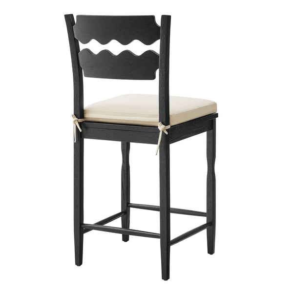 Modway Furniture Jax Solid Oak Counter Stool Sculptural Wavy Back Cushioned Seat Kitchen Island Black Linen EEI-7518-BLK-LIN