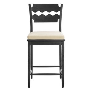 Modway Furniture Jax Solid Oak Counter Stool Sculptural Wavy Back Cushioned Seat Kitchen Island Black Linen EEI-7518-BLK-LIN