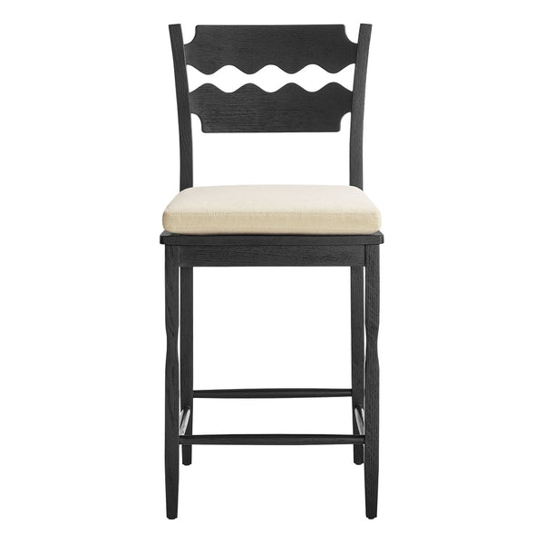 Modway Furniture Jax Solid Oak Counter Stool Sculptural Wavy Back Cushioned Seat Kitchen Island Black Linen EEI-7518-BLK-LIN