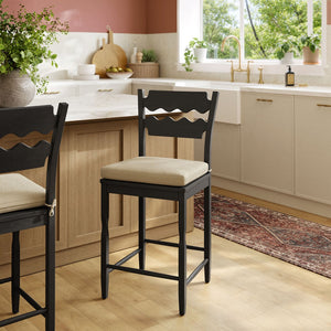 Modway Furniture Jax Solid Oak Counter Stool Sculptural Wavy Back Cushioned Seat Kitchen Island Black Linen EEI-7518-BLK-LIN