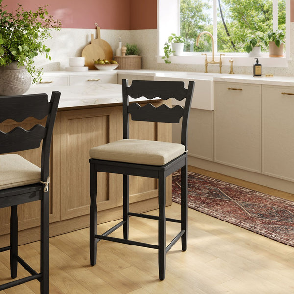 Modway Furniture Jax Solid Oak Counter Stool Sculptural Wavy Back Cushioned Seat Kitchen Island Black Linen EEI-7518-BLK-LIN