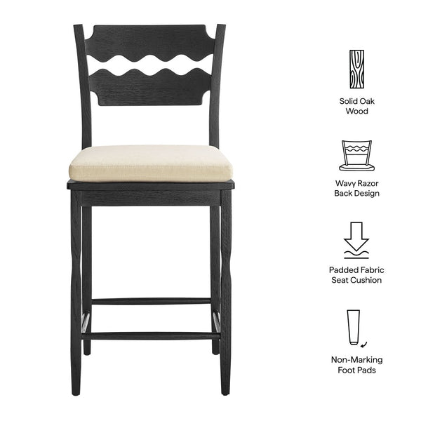 Modway Furniture Jax Solid Oak Counter Stool Sculptural Wavy Back Cushioned Seat Kitchen Island Black Linen EEI-7518-BLK-LIN