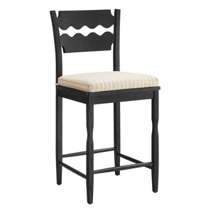 Modway Furniture Jax Solid Oak Counter Stool Sculptural Wavy Back Cushioned Seat Kitchen Island Black Oatmeal Stripe EEI-7518-BLK-OAS