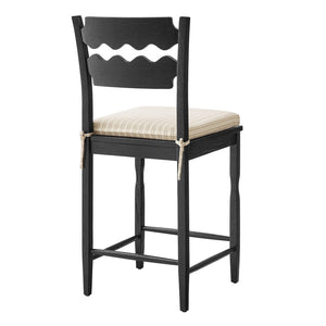 Modway Furniture Jax Solid Oak Counter Stool Sculptural Wavy Back Cushioned Seat Kitchen Island Black Oatmeal Stripe EEI-7518-BLK-OAS