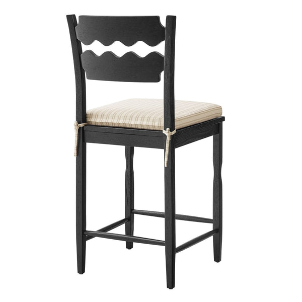 Modway Furniture Jax Solid Oak Counter Stool Sculptural Wavy Back Cushioned Seat Kitchen Island Black Oatmeal Stripe EEI-7518-BLK-OAS