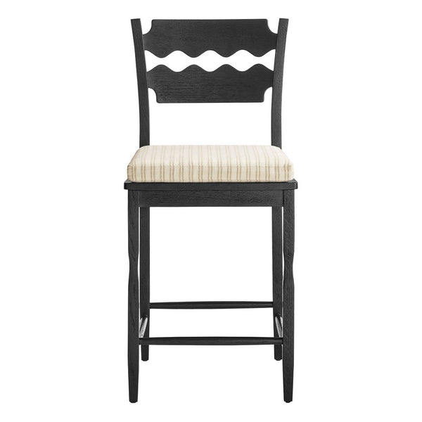 Modway Furniture Jax Solid Oak Counter Stool Sculptural Wavy Back Cushioned Seat Kitchen Island Black Oatmeal Stripe EEI-7518-BLK-OAS