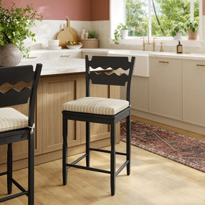Modway Furniture Jax Solid Oak Counter Stool Sculptural Wavy Back Cushioned Seat Kitchen Island Black Oatmeal Stripe EEI-7518-BLK-OAS