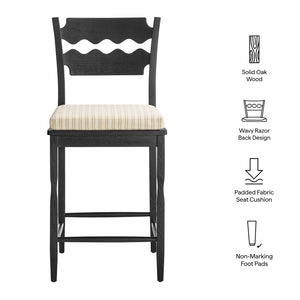 Modway Furniture Jax Solid Oak Counter Stool Sculptural Wavy Back Cushioned Seat Kitchen Island Black Oatmeal Stripe EEI-7518-BLK-OAS
