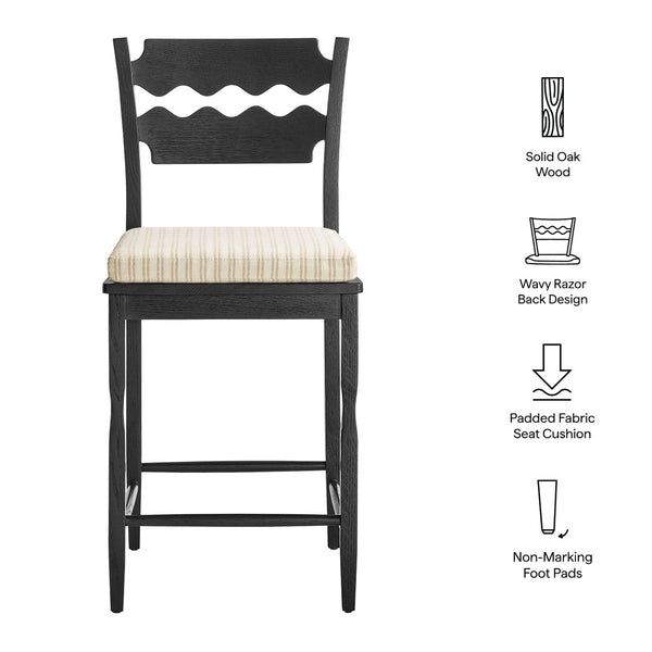 Modway Furniture Jax Solid Oak Counter Stool Sculptural Wavy Back Cushioned Seat Kitchen Island Black Oatmeal Stripe EEI-7518-BLK-OAS