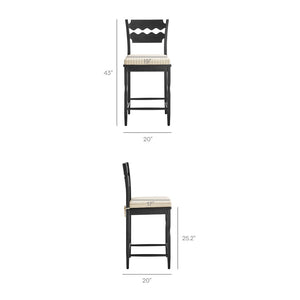 Modway Furniture Jax Solid Oak Counter Stool Sculptural Wavy Back Cushioned Seat Kitchen Island Black Oatmeal Stripe EEI-7518-BLK-OAS