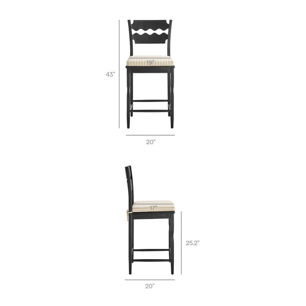 Modway Furniture Jax Solid Oak Counter Stool Sculptural Wavy Back Cushioned Seat Kitchen Island Black Oatmeal Stripe EEI-7518-BLK-OAS