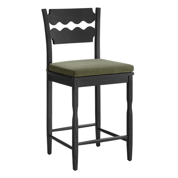 Modway Furniture Jax Solid Oak Counter Stool Sculptural Wavy Back Cushioned Seat Kitchen Island Black Sage EEI-7518-BLK-SGE