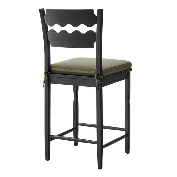 Modway Furniture Jax Solid Oak Counter Stool Sculptural Wavy Back Cushioned Seat Kitchen Island Black Sage EEI-7518-BLK-SGE