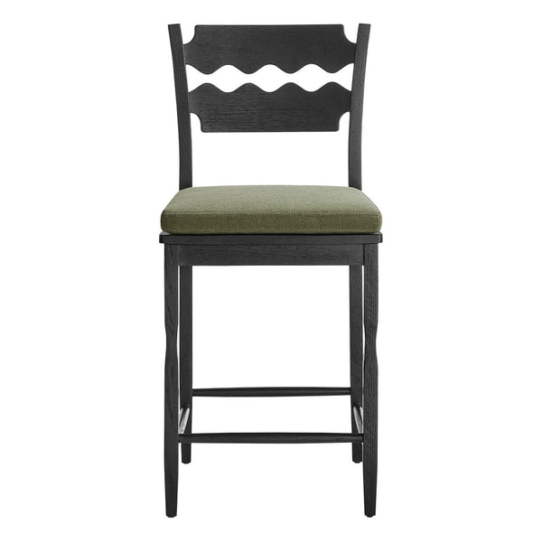 Modway Furniture Jax Solid Oak Counter Stool Sculptural Wavy Back Cushioned Seat Kitchen Island Black Sage EEI-7518-BLK-SGE