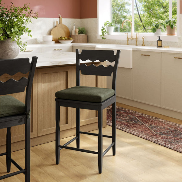 Modway Furniture Jax Solid Oak Counter Stool Sculptural Wavy Back Cushioned Seat Kitchen Island Black Sage EEI-7518-BLK-SGE