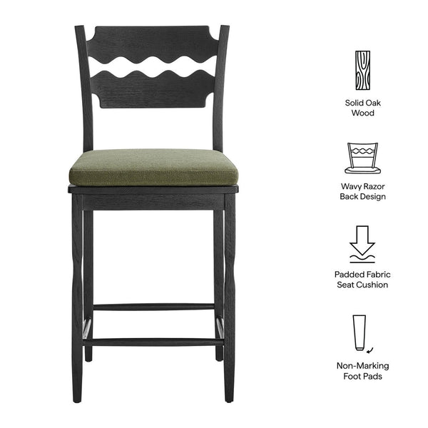 Modway Furniture Jax Solid Oak Counter Stool Sculptural Wavy Back Cushioned Seat Kitchen Island Black Sage EEI-7518-BLK-SGE