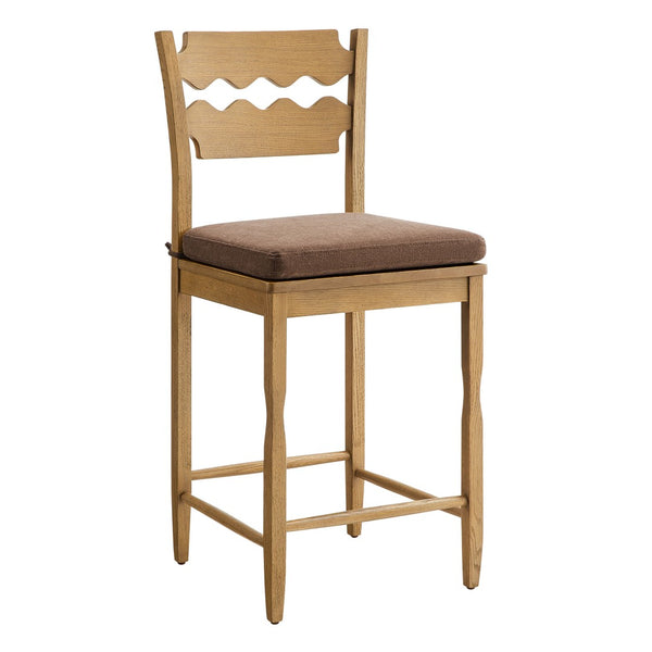 Modway Furniture Jax Solid Oak Counter Stool Sculptural Wavy Back Cushioned Seat Kitchen Island Weathered Oak Cocoa EEI-7518-WOA-COA