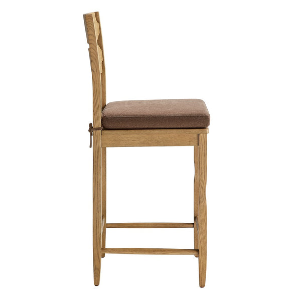 Modway Furniture Jax Solid Oak Counter Stool Sculptural Wavy Back Cushioned Seat Kitchen Island Weathered Oak Cocoa EEI-7518-WOA-COA