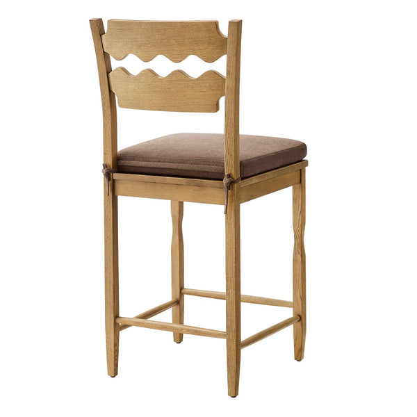 Modway Furniture Jax Solid Oak Counter Stool Sculptural Wavy Back Cushioned Seat Kitchen Island Weathered Oak Cocoa EEI-7518-WOA-COA