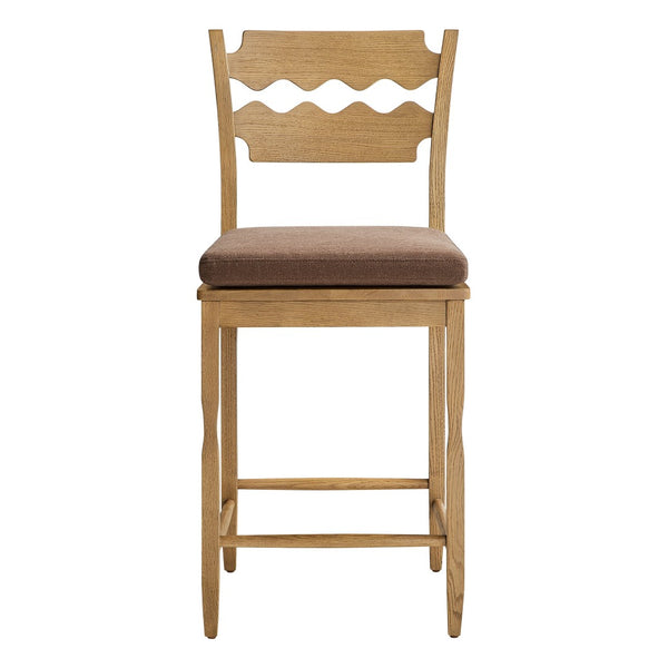 Modway Furniture Jax Solid Oak Counter Stool Sculptural Wavy Back Cushioned Seat Kitchen Island Weathered Oak Cocoa EEI-7518-WOA-COA