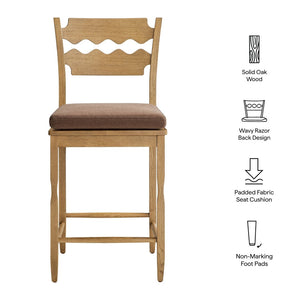 Modway Furniture Jax Solid Oak Counter Stool Sculptural Wavy Back Cushioned Seat Kitchen Island Weathered Oak Cocoa EEI-7518-WOA-COA