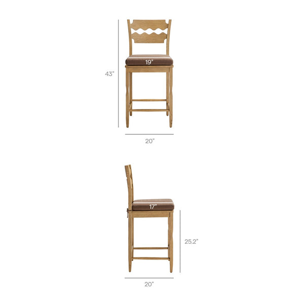 Modway Furniture Jax Solid Oak Counter Stool Sculptural Wavy Back Cushioned Seat Kitchen Island Weathered Oak Cocoa EEI-7518-WOA-COA