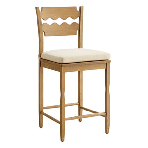 Modway Furniture Jax Solid Oak Counter Stool Sculptural Wavy Back Cushioned Seat Kitchen Island Weathered Oak Linen EEI-7518-WOA-LIN