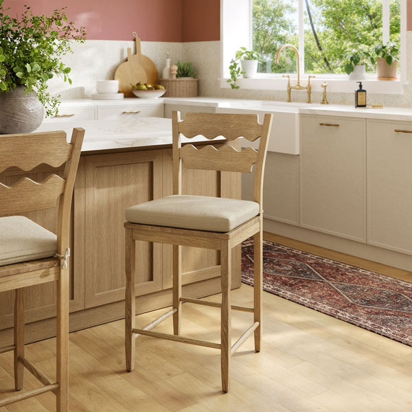 Modway Furniture Jax Solid Oak Counter Stool Sculptural Wavy Back Cushioned Seat Kitchen Island Weathered Oak Linen EEI-7518-WOA-LIN