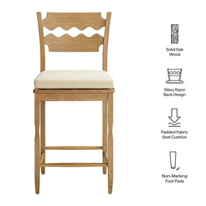 Modway Furniture Jax Solid Oak Counter Stool Sculptural Wavy Back Cushioned Seat Kitchen Island Weathered Oak Linen EEI-7518-WOA-LIN