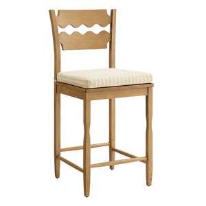 Modway Furniture Jax Solid Oak Counter Stool Sculptural Wavy Back Cushioned Seat Kitchen Island Weathered Oak Oatmeal Stripe EEI-7518-WOA-OAS