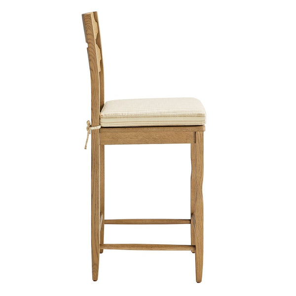 Modway Furniture Jax Solid Oak Counter Stool Sculptural Wavy Back Cushioned Seat Kitchen Island Weathered Oak Oatmeal Stripe EEI-7518-WOA-OAS