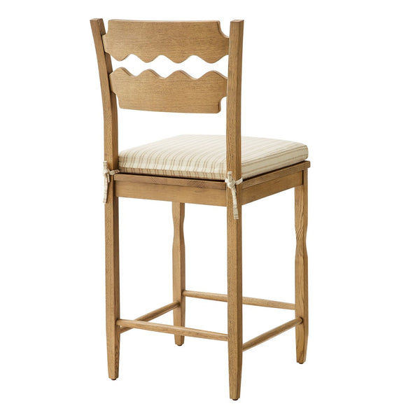 Modway Furniture Jax Solid Oak Counter Stool Sculptural Wavy Back Cushioned Seat Kitchen Island Weathered Oak Oatmeal Stripe EEI-7518-WOA-OAS