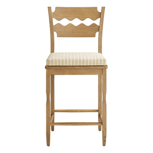 Modway Furniture Jax Solid Oak Counter Stool Sculptural Wavy Back Cushioned Seat Kitchen Island Weathered Oak Oatmeal Stripe EEI-7518-WOA-OAS