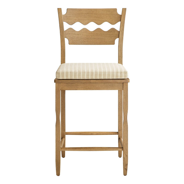 Modway Furniture Jax Solid Oak Counter Stool Sculptural Wavy Back Cushioned Seat Kitchen Island Weathered Oak Oatmeal Stripe EEI-7518-WOA-OAS