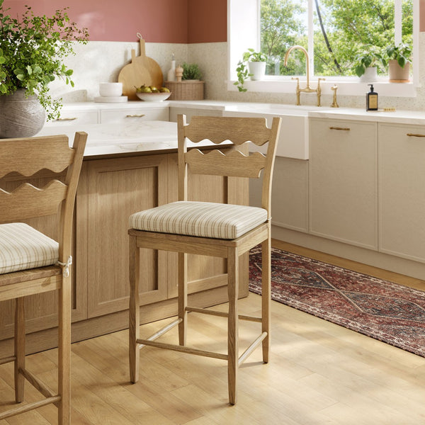 Modway Furniture Jax Solid Oak Counter Stool Sculptural Wavy Back Cushioned Seat Kitchen Island Weathered Oak Oatmeal Stripe EEI-7518-WOA-OAS
