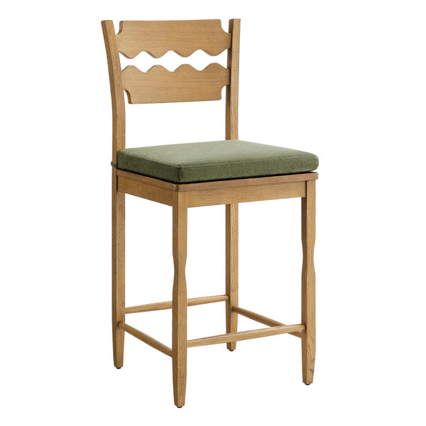 Modway Furniture Jax Solid Oak Counter Stool Sculptural Wavy Back Cushioned Seat Kitchen Island Weathered Oak Sage EEI-7518-WOA-SGE
