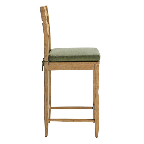 Modway Furniture Jax Solid Oak Counter Stool Sculptural Wavy Back Cushioned Seat Kitchen Island Weathered Oak Sage EEI-7518-WOA-SGE