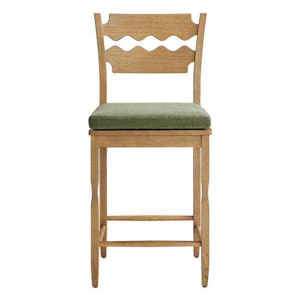 Modway Furniture Jax Solid Oak Counter Stool Sculptural Wavy Back Cushioned Seat Kitchen Island Weathered Oak Sage EEI-7518-WOA-SGE