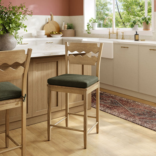 Modway Furniture Jax Solid Oak Counter Stool Sculptural Wavy Back Cushioned Seat Kitchen Island Weathered Oak Sage EEI-7518-WOA-SGE