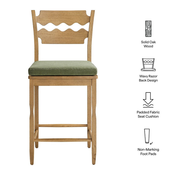 Modway Furniture Jax Solid Oak Counter Stool Sculptural Wavy Back Cushioned Seat Kitchen Island Weathered Oak Sage EEI-7518-WOA-SGE