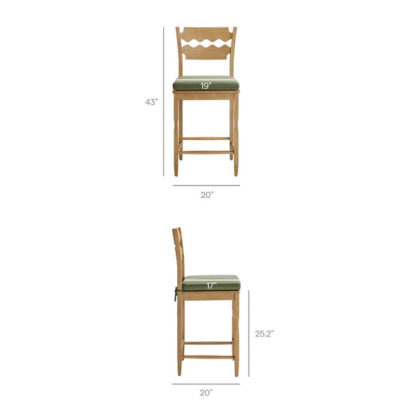 Modway Furniture Jax Solid Oak Counter Stool Sculptural Wavy Back Cushioned Seat Kitchen Island Weathered Oak Sage EEI-7518-WOA-SGE