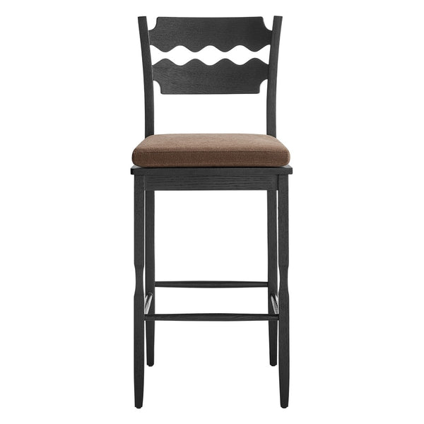 Modway Furniture Jax Solid Oak Vintage Bistro Barstool with Wavy Back and Cushioned Seat for Home Bar Black Cocoa EEI-7519-BLK-COA